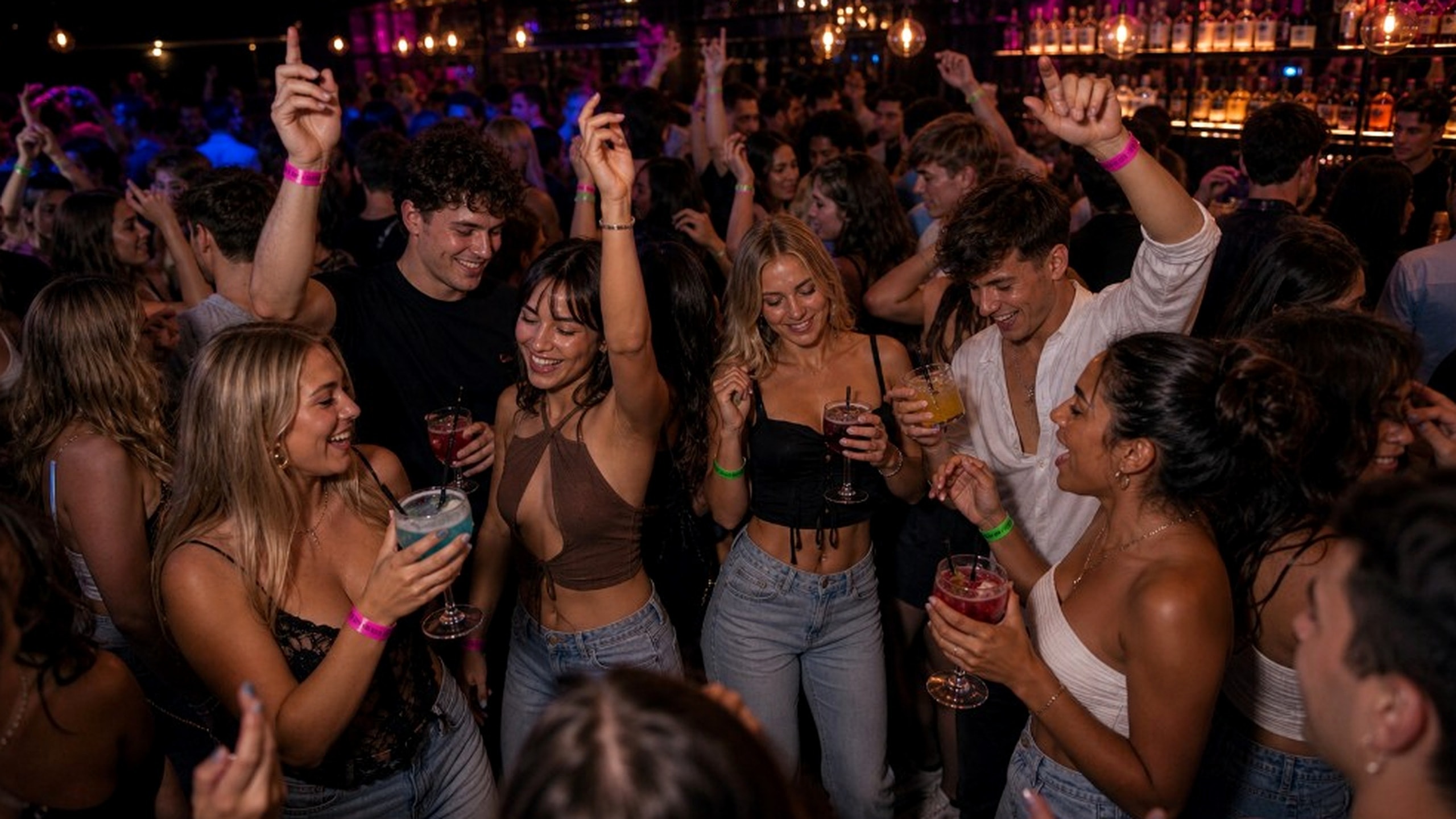 Freshers friends dancing with cocktails in a packed bar