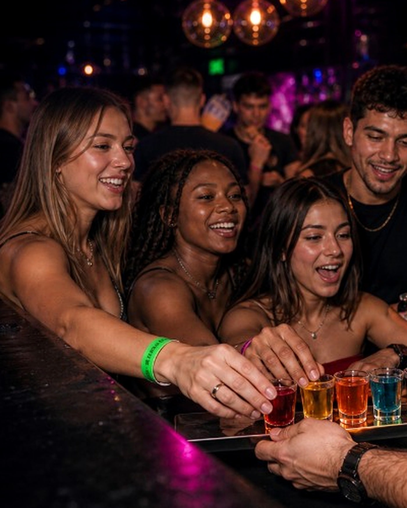 Friends collecting colourful shots at the bar with festival wristbands